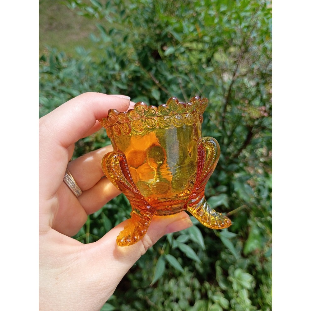 Vintage Degenhart Amber Glass Forget Me Not Footed Toothpick Holder